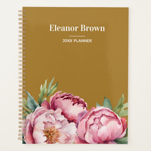 Elegant Watercolor Peonis Pink & Yellow Custom Planner (Front)