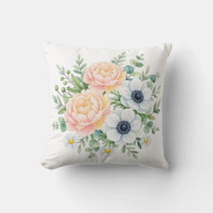 Elegant watercolor peony and white anemone floral cushion