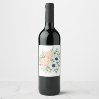 Elegant watercolor peony and white anemone floral wine label