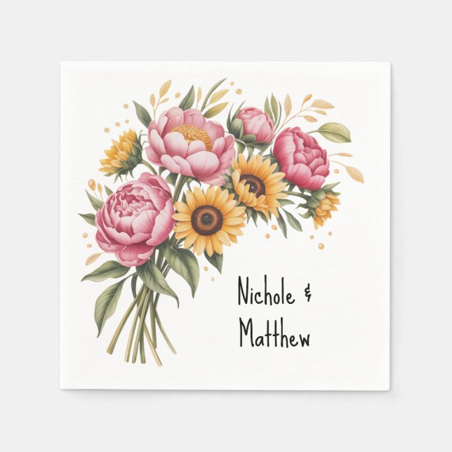 Elegant Watercolor Peony Bouquet Wedding Napkin (Front)