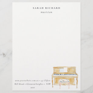 Elegant Watercolor Piano Musician Music Teacher Custom Letterhead