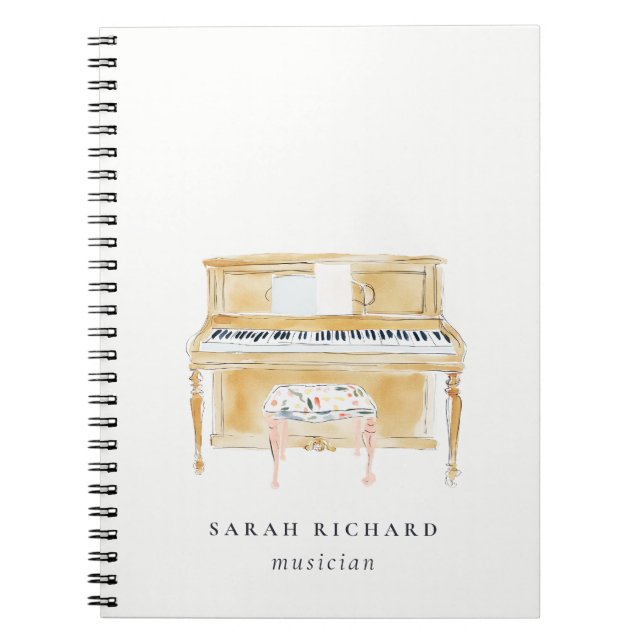 Elegant Watercolor Piano Musician Music Teacher Notebook (Front)