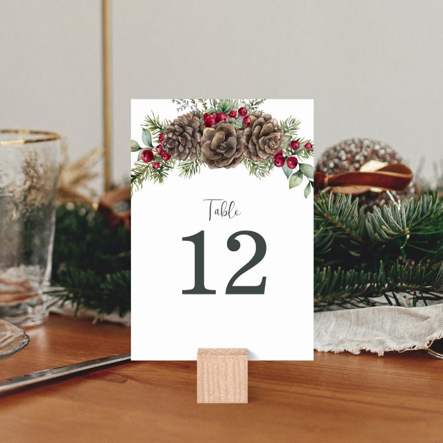 Elegant Watercolor Pine Cones Christmas Wedding Table Number (Creator Uploaded)