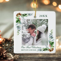 Elegant Watercolor Pine Couple First Christmas