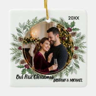 Elegant Watercolor Pine Couple First Christmas Ceramic Ornament