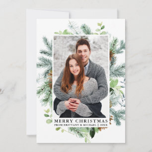 Elegant Watercolor Pine Frame Couple Photo Holiday Card
