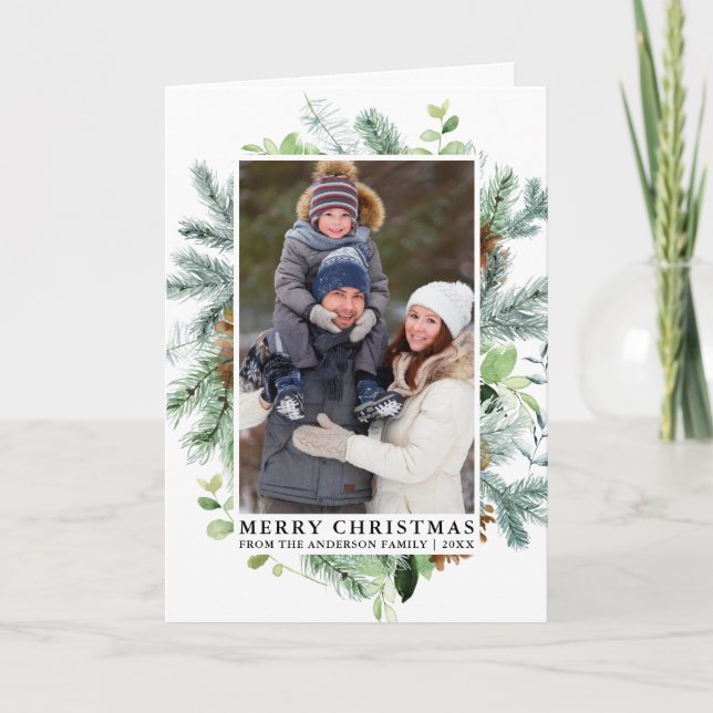 Elegant Watercolor Pine Frame Family Photo Fold Holiday Card (Front)