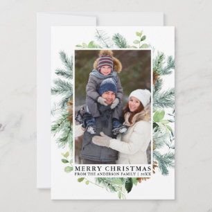 Elegant Watercolor Pine Frame Family Photo Holiday Card