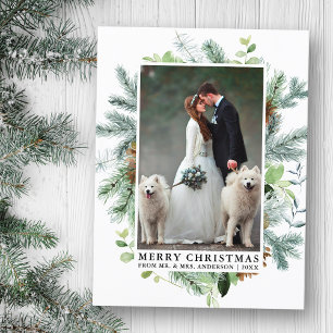 Elegant Watercolor Pine Frame Wedding Christmas Postcard