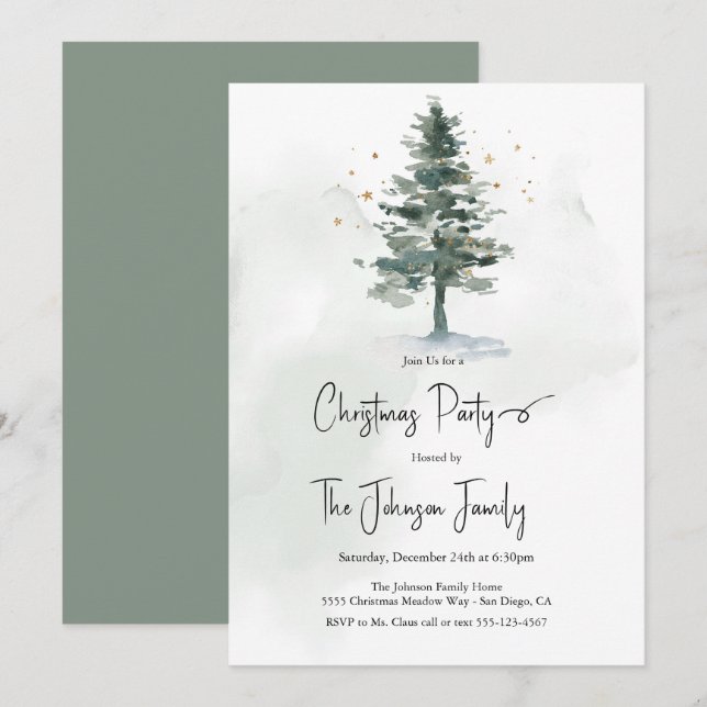 Elegant Watercolor Pine Tree Chic Christmas Party Invitation (Front/Back)