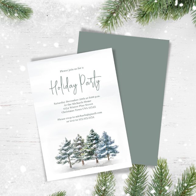 Elegant Watercolor Pine Tree Holiday Party Invitation (Holiday party invitation with watercolor winter pine trees)