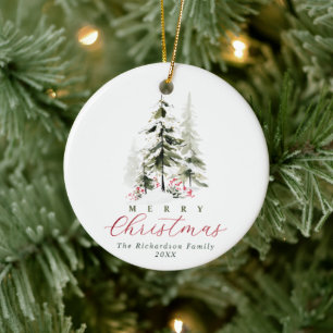 Elegant Watercolor Pine Trees Christmas with Photo Ceramic Ornament
