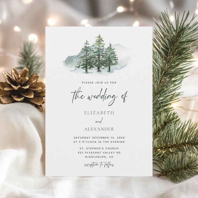 Elegant Watercolor Pine Trees Winter Wedding Invitation (Creator Uploaded)