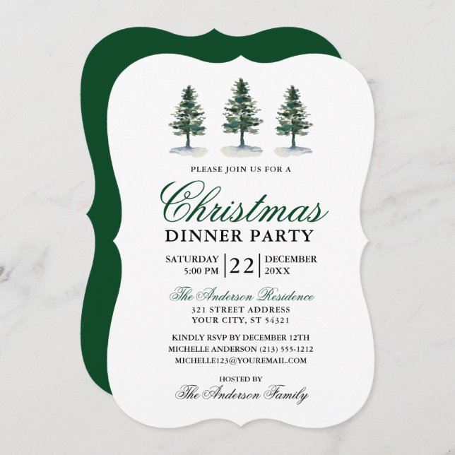 Elegant Watercolor Pines Christmas Party Invitation (Front/Back)