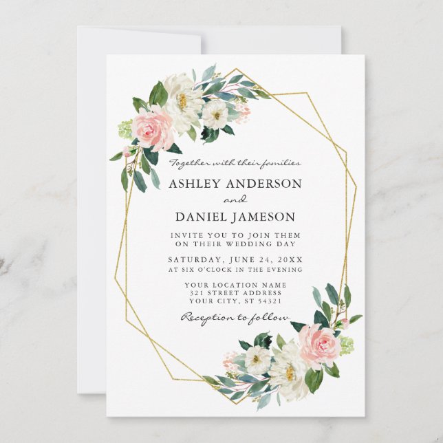 Elegant Watercolor Pink Blush Floral Gold Frame Invitation (Front)