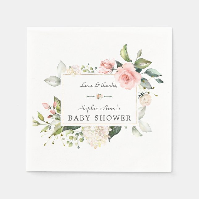 Elegant Watercolor Pink Blush Flowers Baby Shower Napkin (Front)