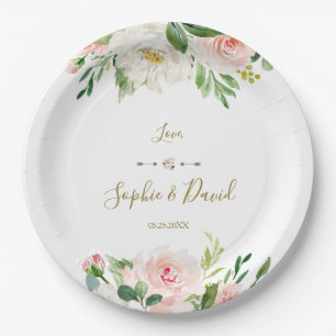 Elegant Watercolor Pink Blush Flowers Wedding Paper Plate