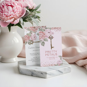 Elegant Watercolor Pink Botanical Peony Glitter Business Card