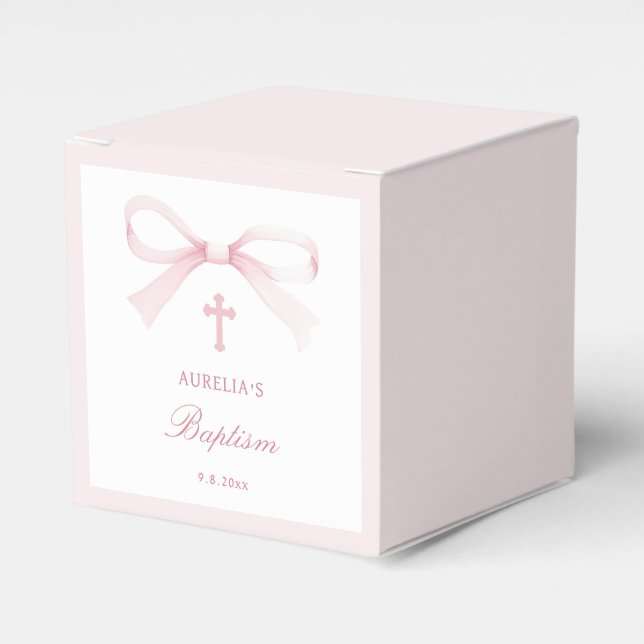Elegant Watercolor Pink Bow Baptism Cube Favour Box (Front Side)