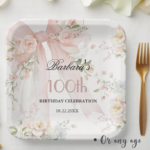 Elegant Watercolor Pink Bow Floral 100th Birthday Paper Plate