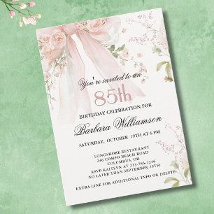 Elegant Watercolor Pink Bow Floral 85th Birthday  Invitation