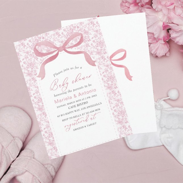 Elegant  Watercolor Pink Bow Girl Baby Shower Invi Invitation (Creator Uploaded)