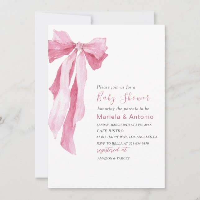 Elegant  Watercolor Pink Bow Girl Baby Shower Invitation (Front)