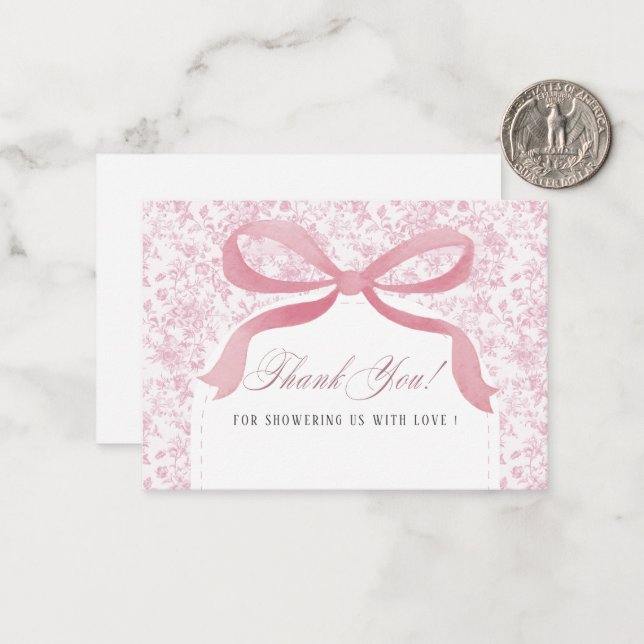Elegant Watercolor Pink Bow ribbon  Baby shower Card (Front/Back In Situ)