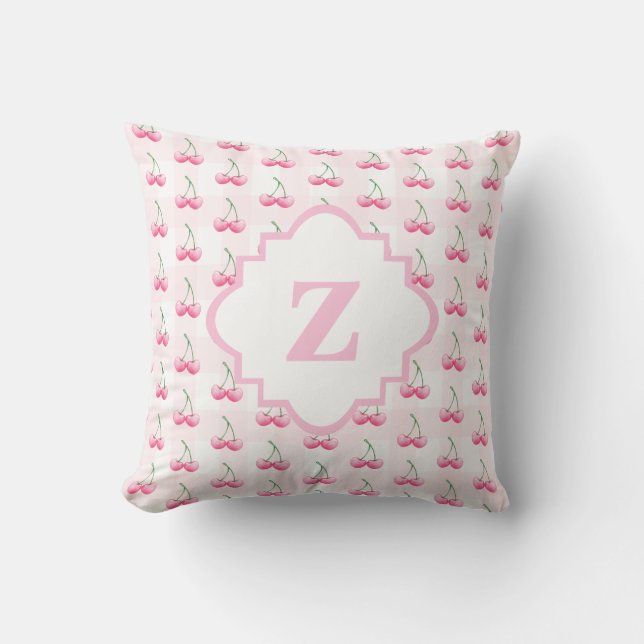 Elegant Watercolor Pink Cherry Monogram Cushion (Front)