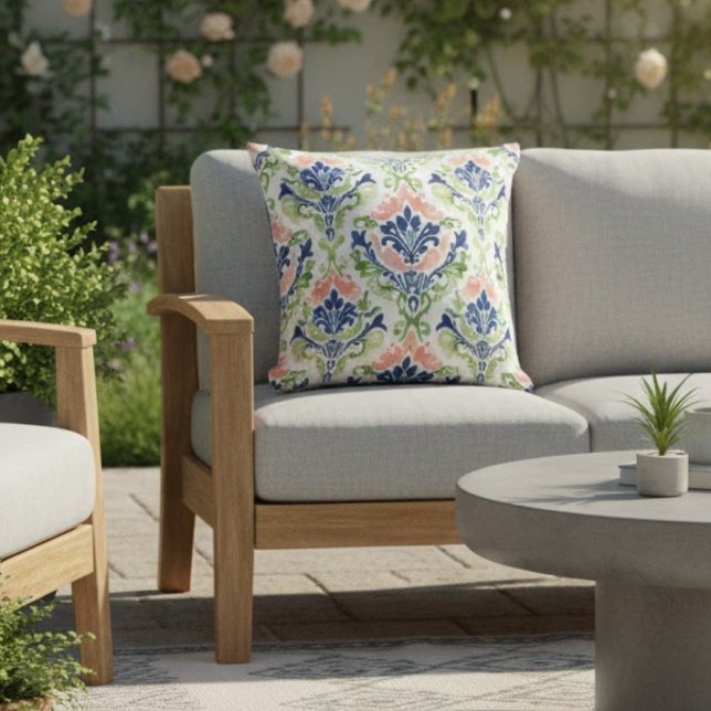 Elegant Watercolor Pink Coral Blue Damask Pattern Cushion (Creator Uploaded)