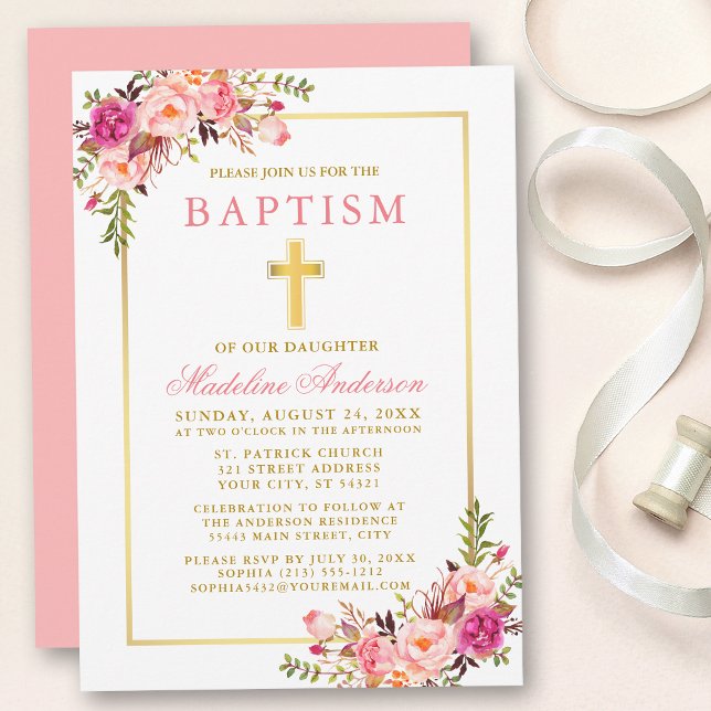 Elegant Watercolor Pink Floral Baptism Invitation (Customize to change text color, size, style or to change color of back of card.)