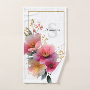 Elegant Watercolor Pink Floral Border with Gold Hand Towel