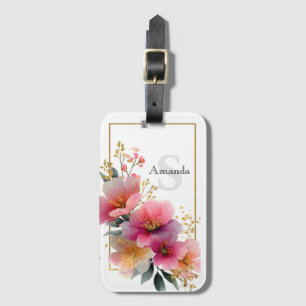 Elegant Watercolor Pink Floral Border with Gold Luggage Tag