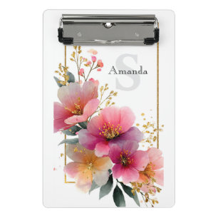 Elegant Watercolor Pink Floral Border with Gold Mini Clipboard