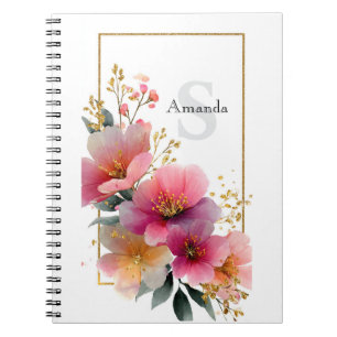 Elegant Watercolor Pink Floral Border with Gold Notebook