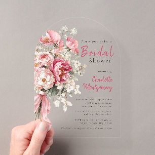 Elegant Watercolor Pink Floral Bridal Shower Acrylic Invitations