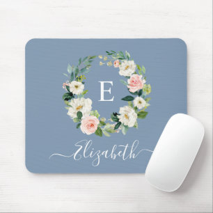 Elegant Watercolor Pink Floral Dusty Blue Monogram Mouse Pad