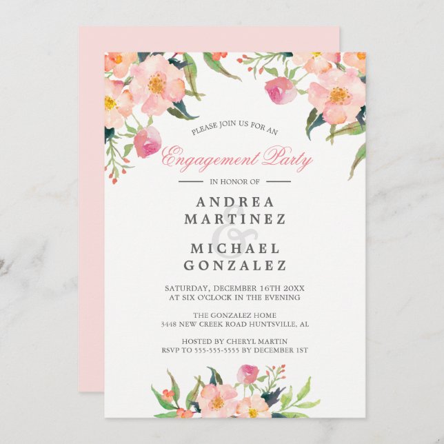 Elegant Watercolor Pink Floral Engagement Party Invitation (Front/Back)