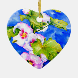 Elegant watercolor pink floral flowers Hollyhocks Ceramic Ornament