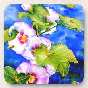 Elegant watercolor pink floral flowers Hollyhocks Coaster