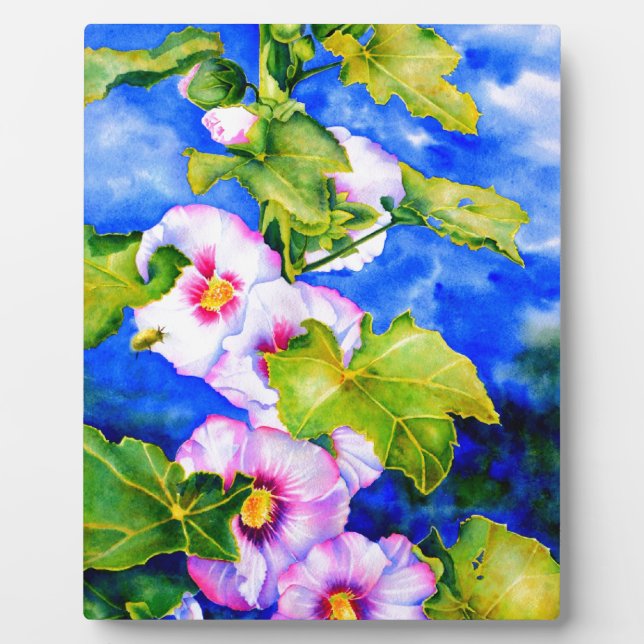 Elegant watercolor pink floral flowers Hollyhocks Plaque (Front)