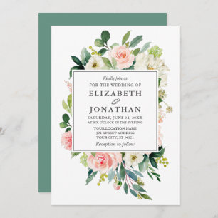 Elegant Watercolor Pink Floral Frame Wedding Invitation