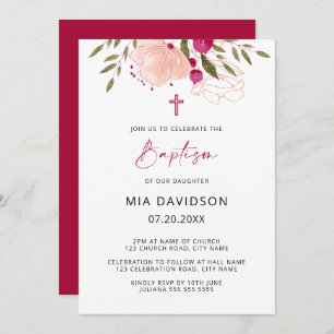 Elegant Watercolor Pink Floral Girl Baptism Invita Invitation