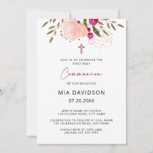 Elegant Watercolor Pink Floral Girl Communion Invi Invitation