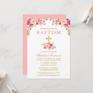 Elegant Watercolor Pink Floral Gold Baptism Invitation