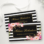 Elegant Watercolor Pink Floral Gold Black Striped Business Card<br><div class="desc">Elegant Watercolor Pink Blush Floral and Gold Frame and Black & White Stripes Business Card</div>