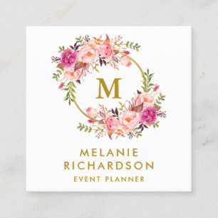 Elegant Watercolor Pink Floral Gold Monogram Square Business Card