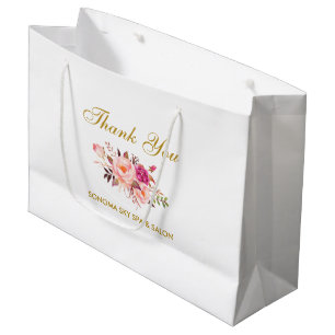 Elegant Watercolor Pink Floral Gold Thank You Large Gift Bag