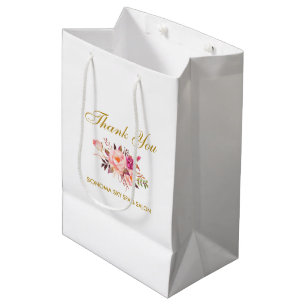 Elegant Watercolor Pink Floral Gold Thank You Medium Gift Bag