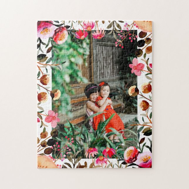 Elegant Watercolor Pink Floral Greenery Photo Jigsaw Puzzle (Vertical)